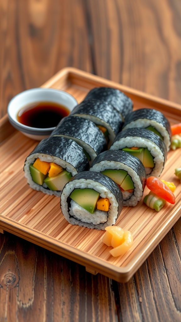 Delicious 007 sushi roll with avocado and mango, presented on a bamboo plate with soy sauce and garnishes.